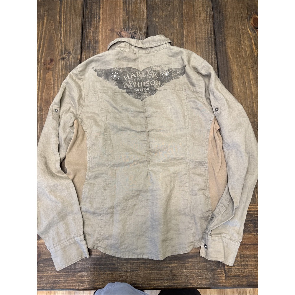 Women's XL Harley Davidson 1/2 Button Down Shirt Woven Sides Metal Buttons Logos - Picture 2 of 8
